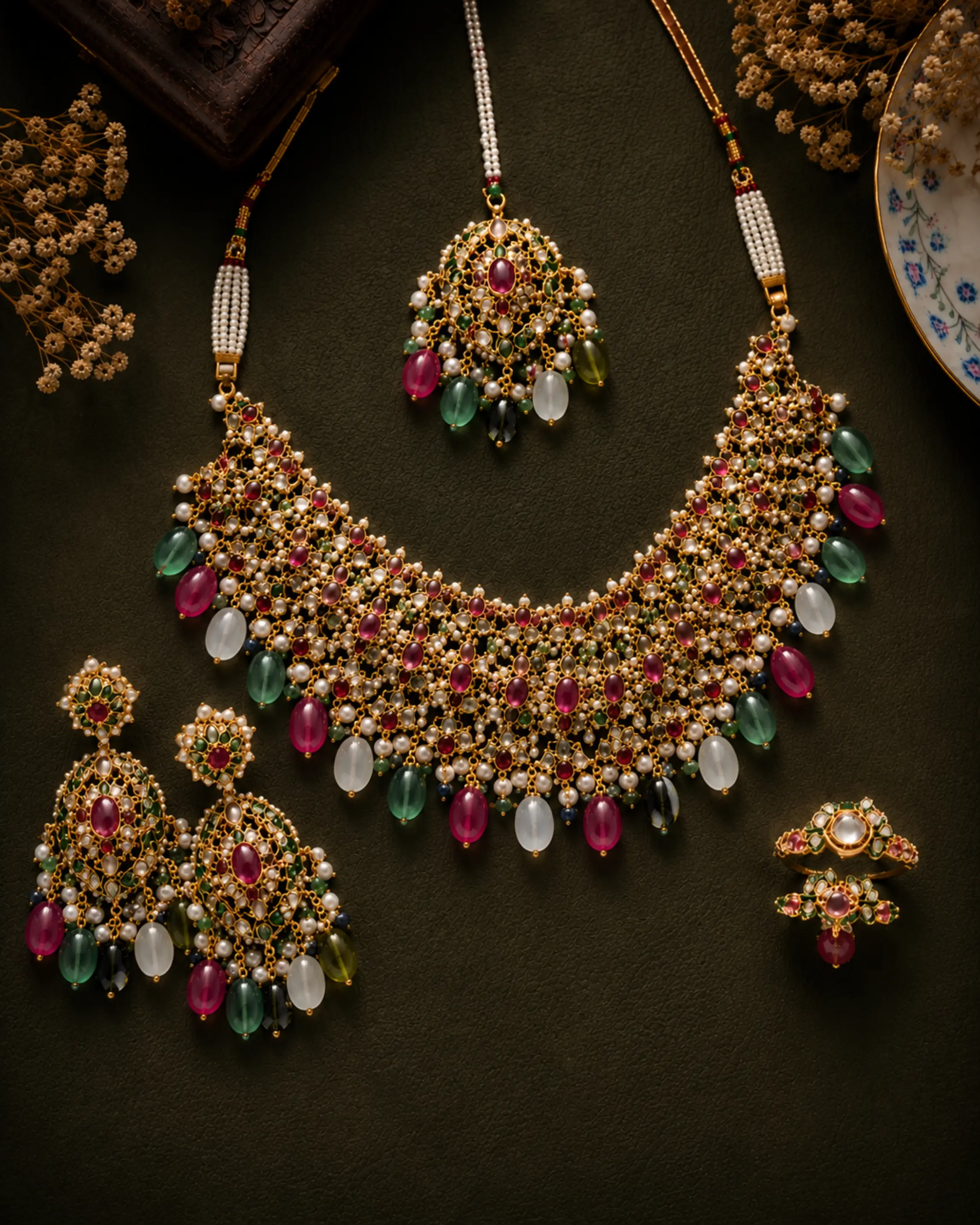 Bridal jadau set in hand-worked gold