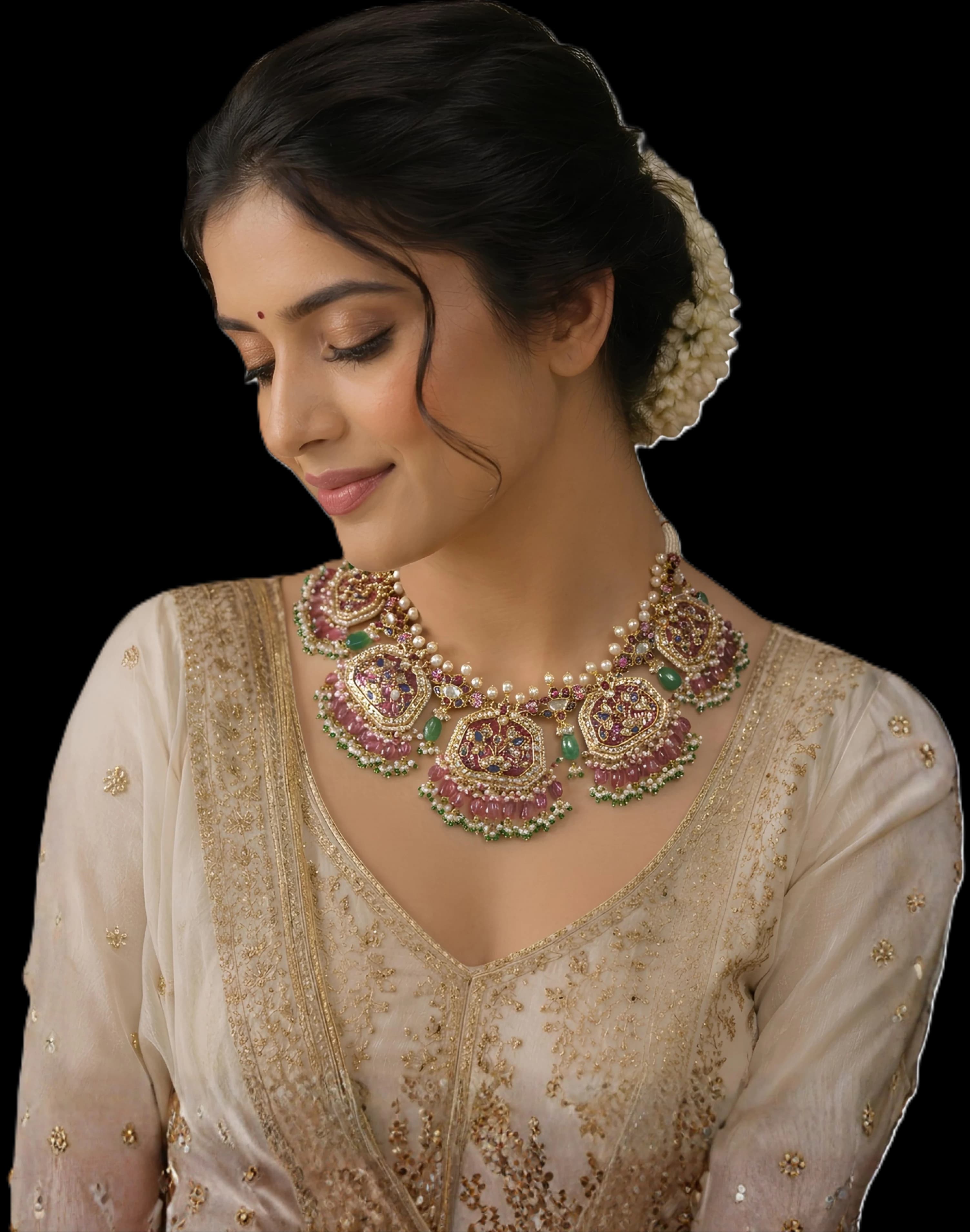 A bride wearing a Padmini Jewels polki necklace of ruby, emerald and pearl