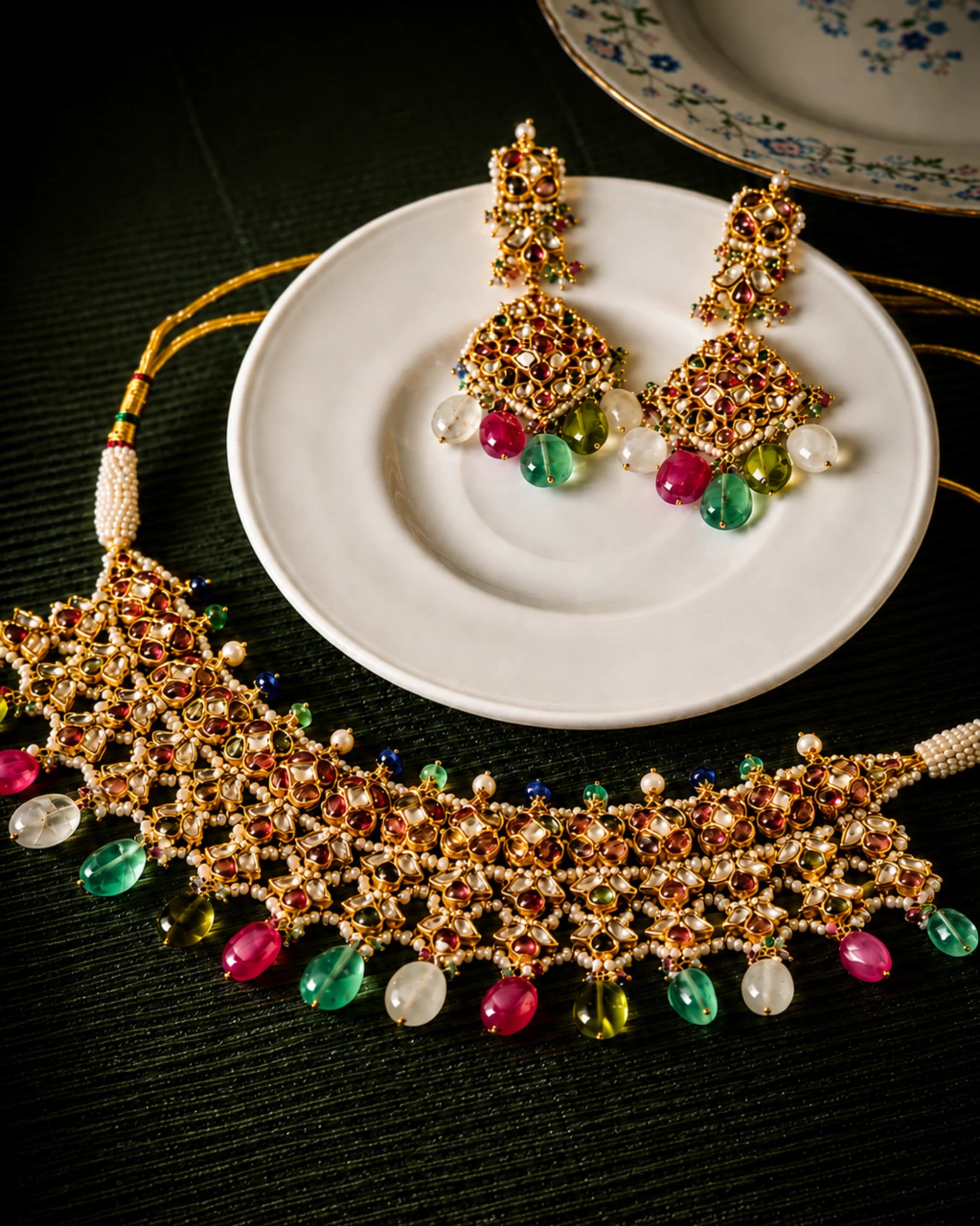 Broad polki choker and matching earrings with coloured stones and pearls