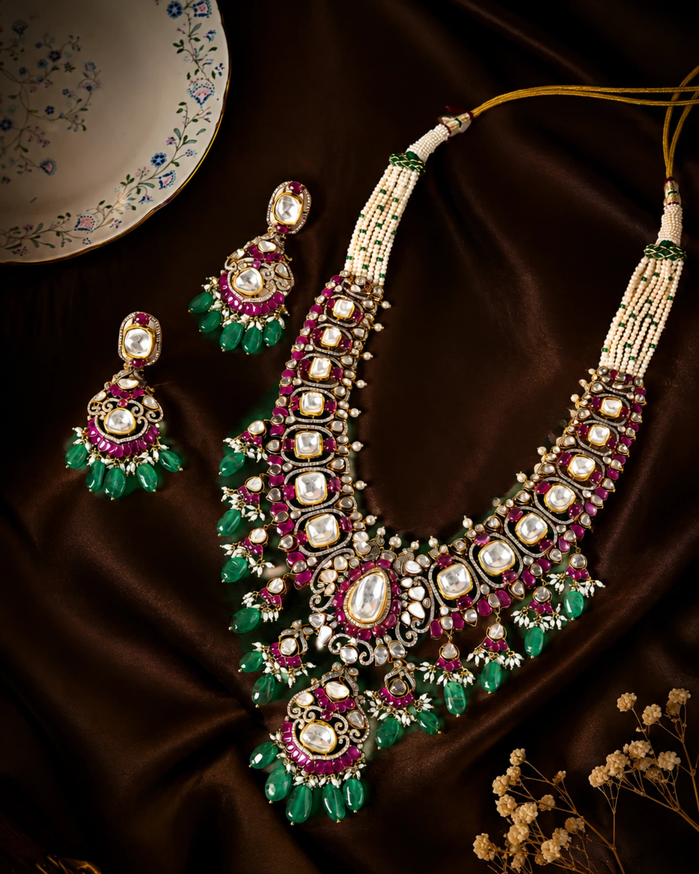 Long polki haar on pearl strands with ruby framing and emerald drops